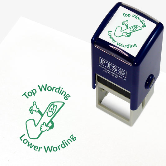A 25mm round pre-inked teacher stamper with green ink, featuring a smiling tick icon, curving above the image is space for personalisation 'Top Wording' and curving below the image is space for personalisation 'Lower Wording' in a clear, bold font.