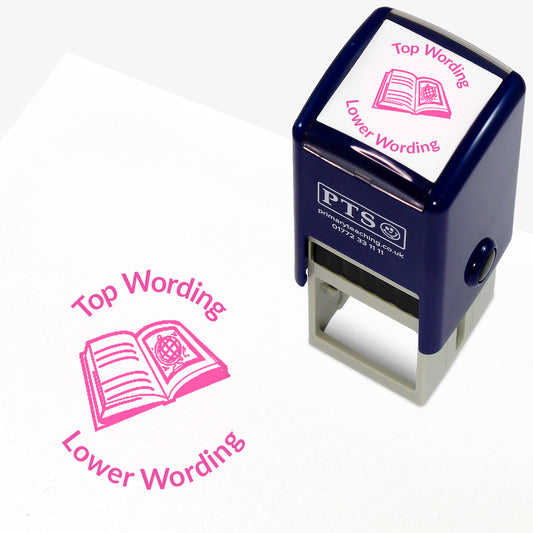 A 25mm round pre-inked teacher stamper with pink ink, featuring a open book with lines on the left page and a picture of a globe on the right page, curving above the image is space for personalisation 'Top Wording' and curving below the image is space for personalisation 'Lower Wording' in a clear, bold font.