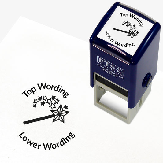 A 25mm round pre-inked teacher stamper with black ink, featuring a wand emitting a shower of stars, curving above the image is space for personalisation 'Top Wording' and curving below the image is space for personalisation 'Lower Wording' in a clear, bold font.