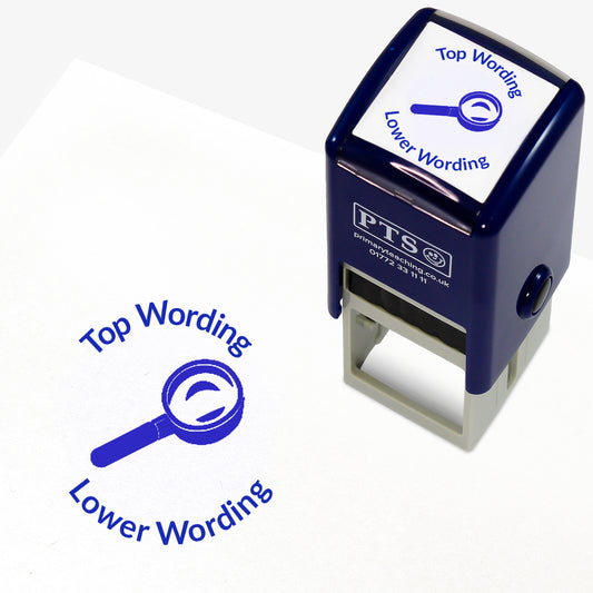 A 25mm round pre-inked teacher stamper with blue ink, featuring a magnifying glass, curving above the image is space for personalisation 'Top Wording' and curving below the image is space for personalisation 'Lower Wording' in a clear, bold font.