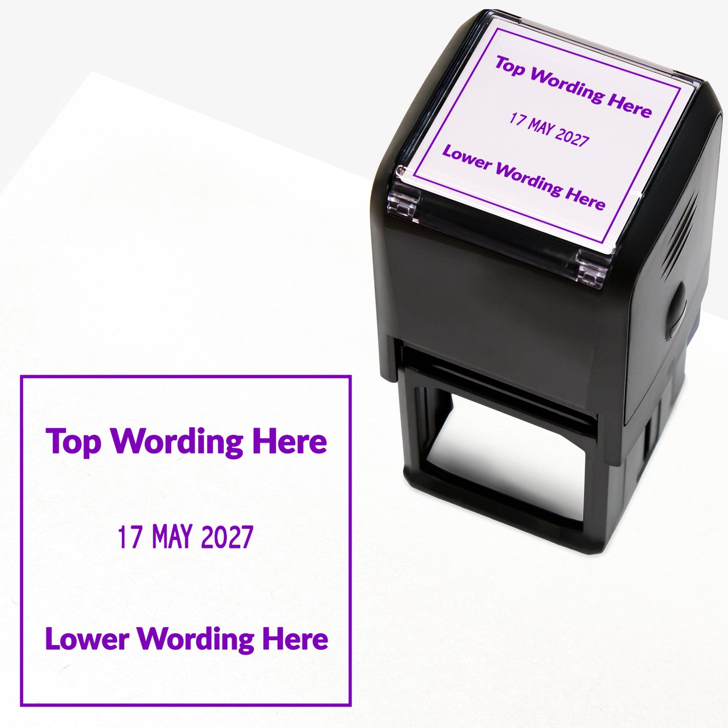 A self-inking stamp with purple ink. The impression within a purple square includes the date '31 DEC 2031' in the centre, with the purple text 'Top Wording Here' along the top edge and 'Lower Wording Here' along the bottom edge of the square.