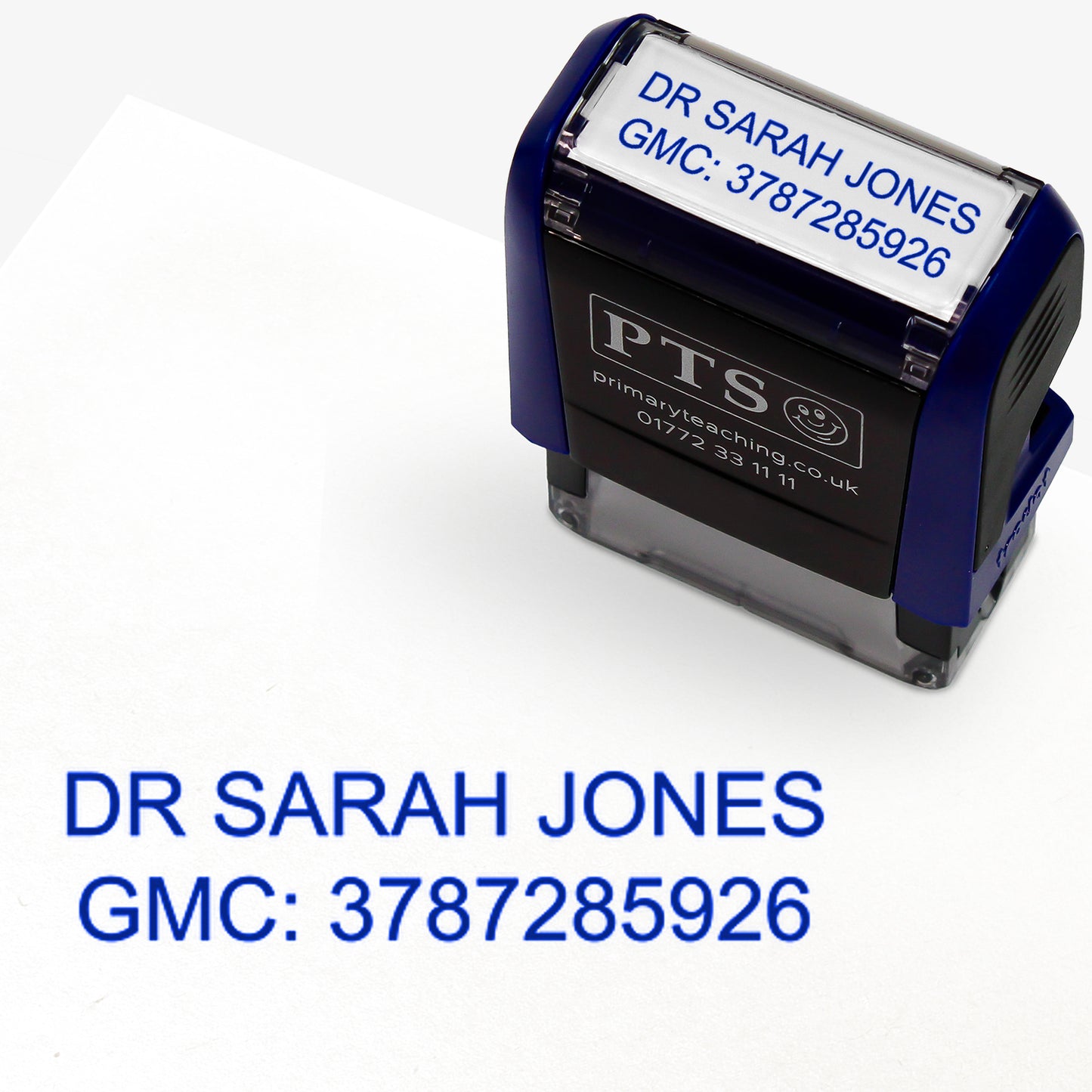 Rectangular self-inking stamper measuring 38mm by 14mm, featuring customisable text such as a healthcare professional's name and registration number; designed for medical documentation and administrative use.  Stamps blue ink.