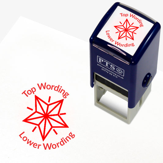 A 25mm round pre-inked teacher stamper with red ink, featuring a geometric shining star, curving above the image is space for personalisation 'Top Wording' and curving below the image is space for personalisation 'Lower Wording' in a clear, bold font.