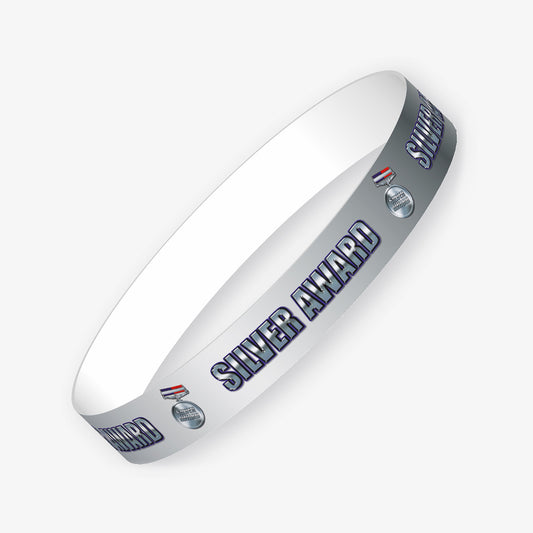 Set of 10 silver wristbands alternating the wording 'SILVER AWARD' with silver medals