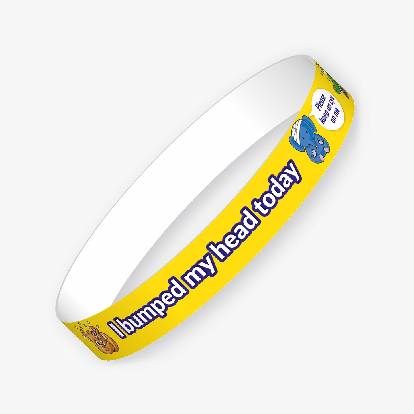 A set of ten yellow wristbands featuring the phrase 'I bumped my head today' in bold white letters with a dark blue outline, accompanied by animal characters including an elephant saying 'Please keep an eye on me'; designed to alert staff and parents that a child has experienced a minor head bump during school hours.