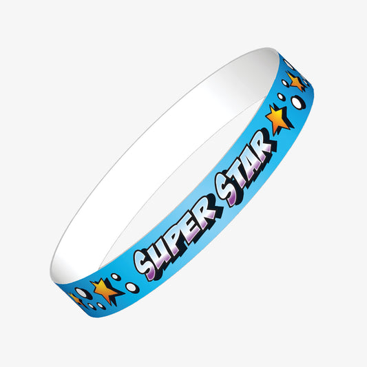 A set of ten blue wristbands featuring the phrase 'SUPER STAR' in bold silver letters, with gold stars and small white planets on the remaining wristband space.