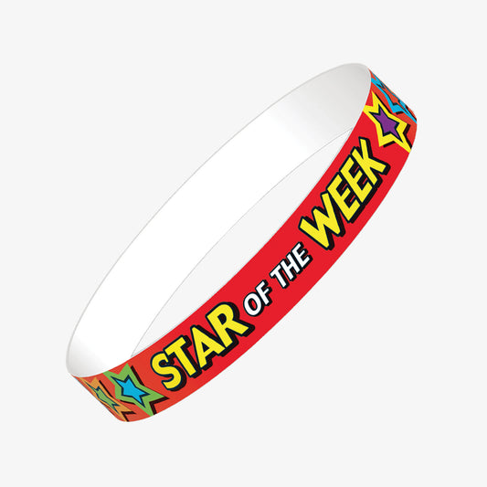 A set of ten red wristbands featuring the phrase 'STAR OF THE WEEK' in bold white and yellow letters, with multicoloured stars on the remaining wristband space.