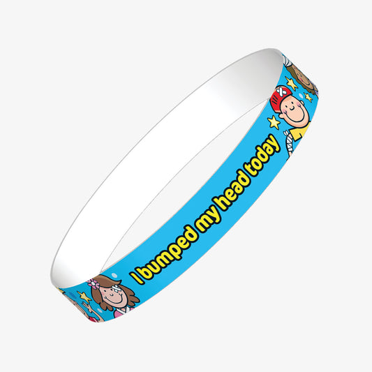 A set of ten blue wristbands featuring the phrase 'I bumped my head today' in bold yellow letters, accompanied by cheerful cartoon characters; designed to alert staff and parents that a child has experienced a minor head bump during school hours.