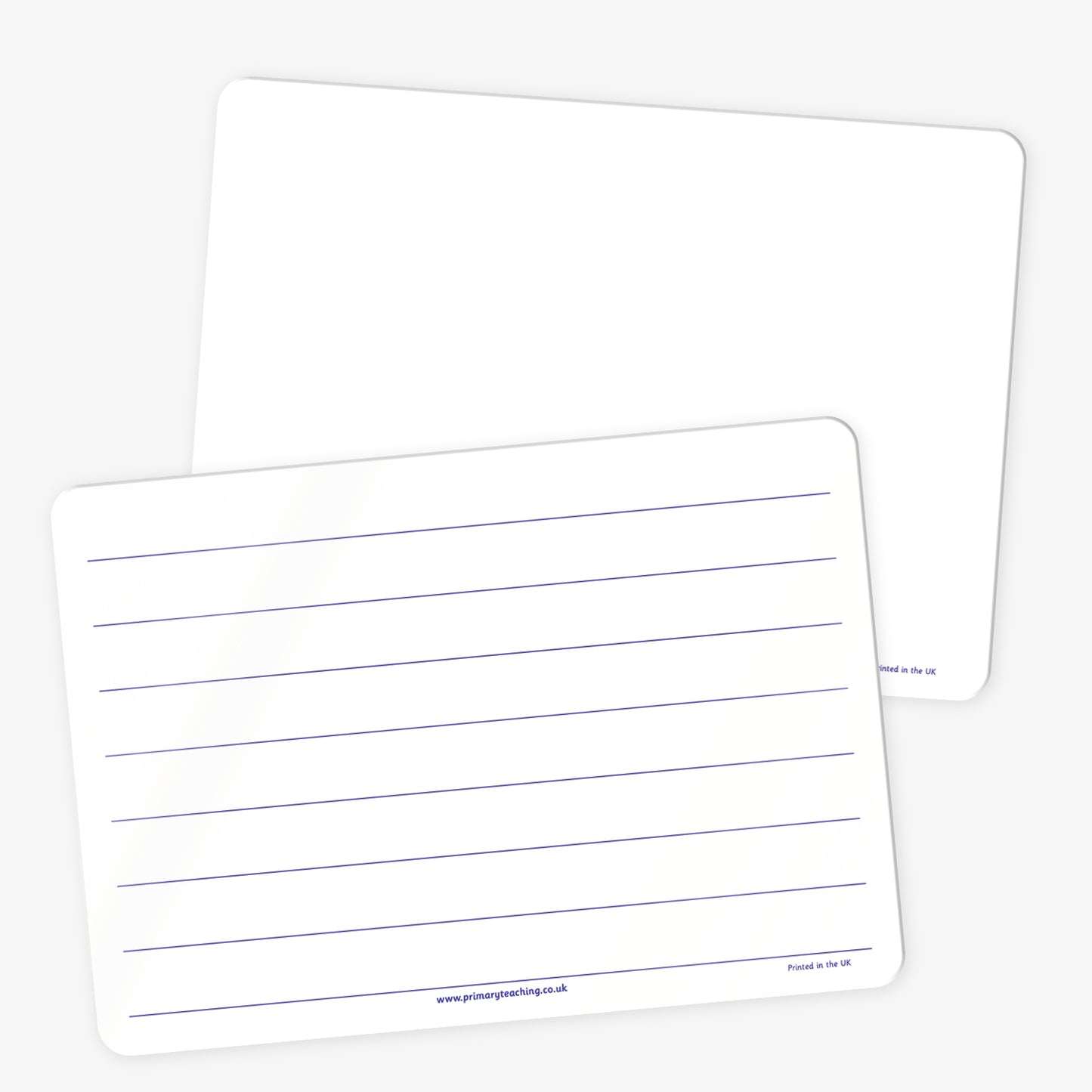 A pair of white dry-wipe boards. One board is completely blank, while the other features seven widely spaced handwriting lines printed in blue. Both boards have rounded corners