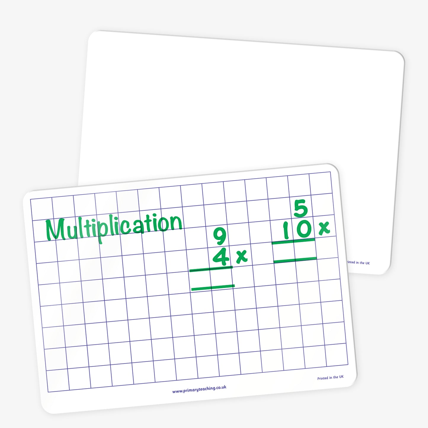 A pair of white dry-wipe boards. One side is blank, and the other features a grid layout for multiplication practice. The grid side has the word 'Multiplication' at the top in green and includes example problems such as '9 × 4' and '5 × 10', each written vertically.