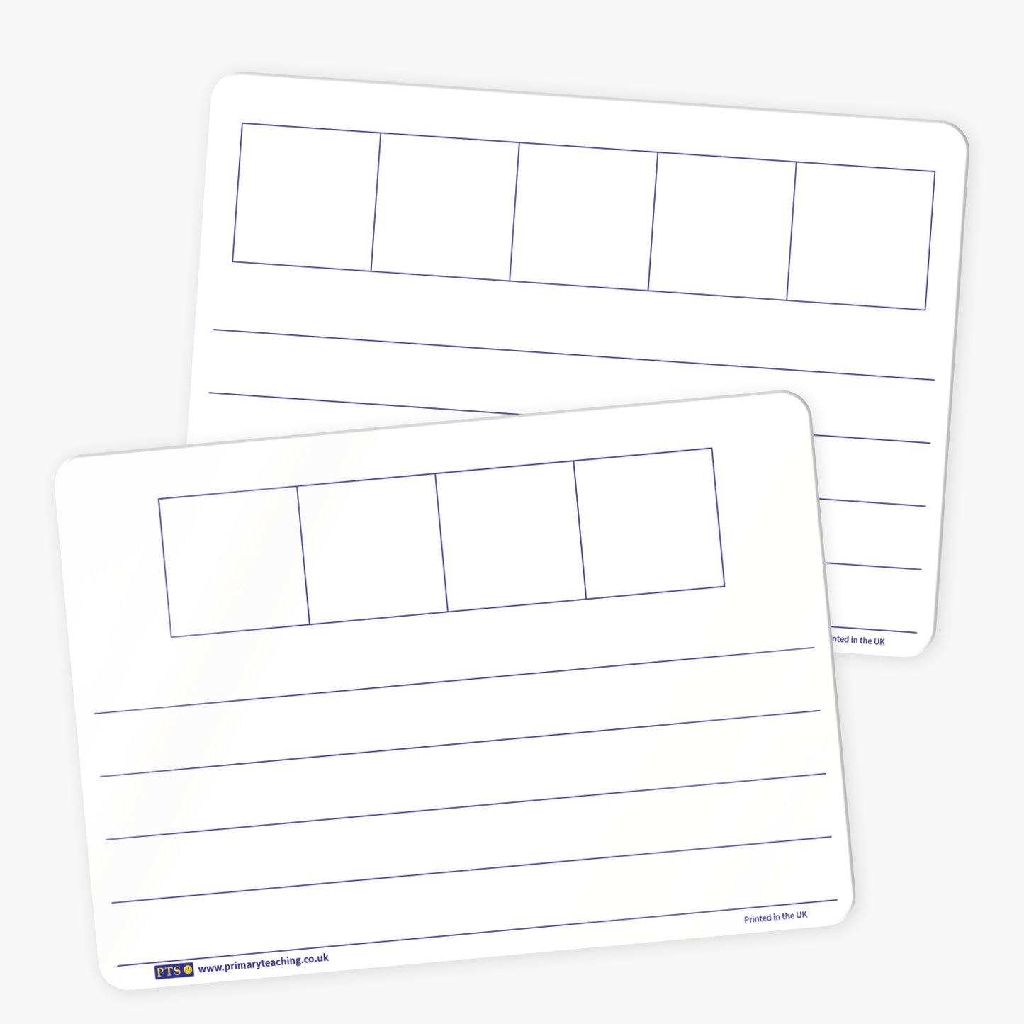 Two white dry-wipe learning boards with a layout for phonics and handwriting practice. Each board features a row of five outlined boxes at the top for segmenting or spelling, followed by four wide handwriting lines below. One board is stacked slightly over the other.
