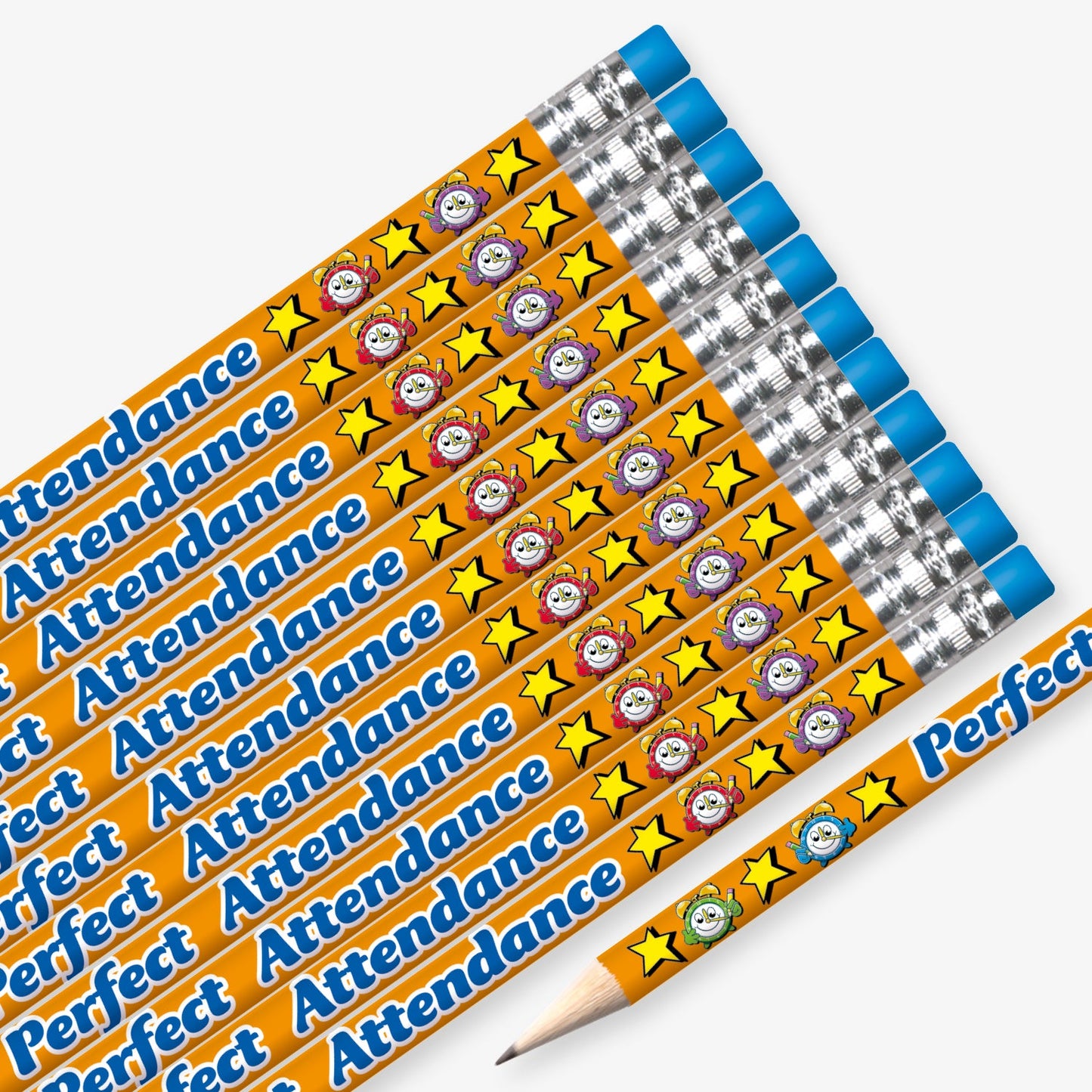 Set of 12 pre-sharpened pencils with erasers, each featuring a orange background with stars and alarm clocks and text reading 'Perfect Attendance' along the side.