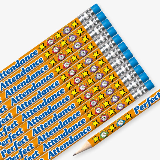 Set of 12 pre-sharpened pencils with erasers, each featuring a orange background with stars and alarm clocks and text reading 'Perfect Attendance' along the side.