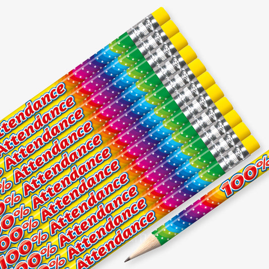 Set of 12 pre-sharpened pencils with erasers, each featuring a vibrant rainbow-coloured barrel adorned with stars and bold red text with a white outline reading '100% Attendance' along the side.