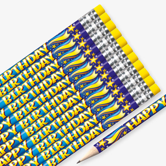 Set of 12 pre-sharpened pencils with erasers, each featuring a dark blue barrel with comets and stars with the phrase 'Happy Birthday' printed along the side in bold yellow text.