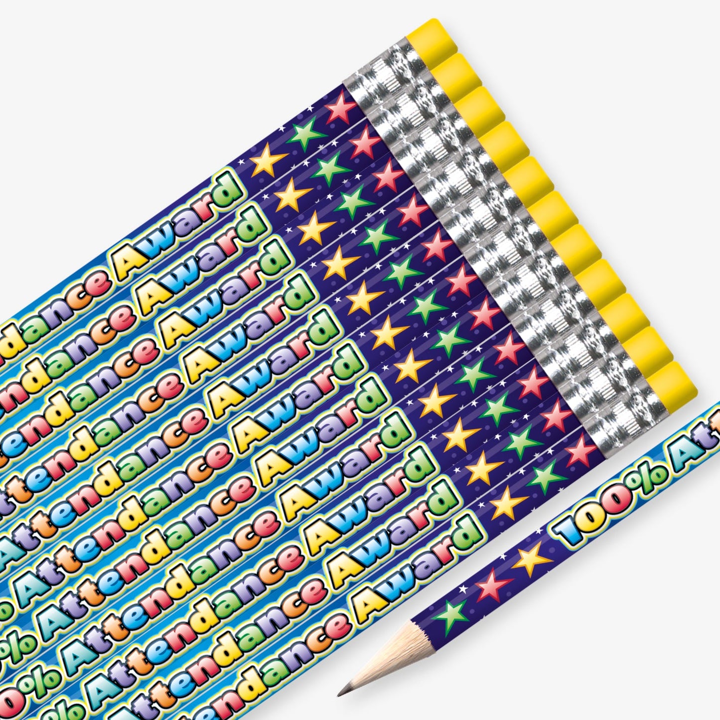 Set of 12 pre-sharpened pencils with erasers, each featuring a vibrant multicoloured barrel adorned with stars and bold white text reading '100% Attendance Award' along the side.