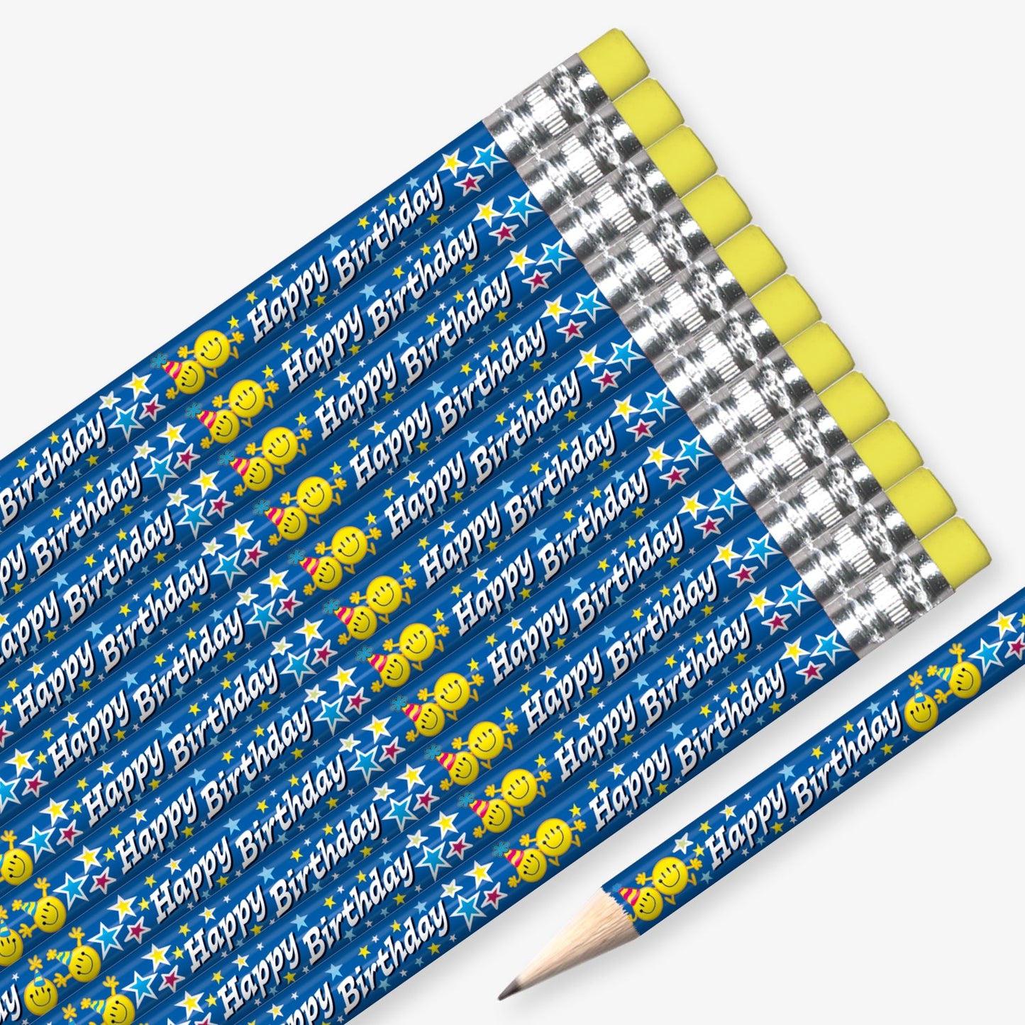 Set of 12 pre-sharpened pencils with erasers, each featuring a colourful blue barrel with celebratory emoji faces, stars and the phrase 'Happy Birthday' printed along the side.