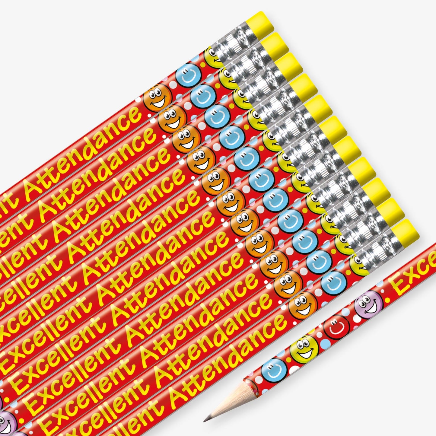 Set of 12 pre-sharpened pencils with erasers, each featuring a vibrant red background with multicoloured smiling faces and bold yellow text reading 'Excellent Attendance' along the side.