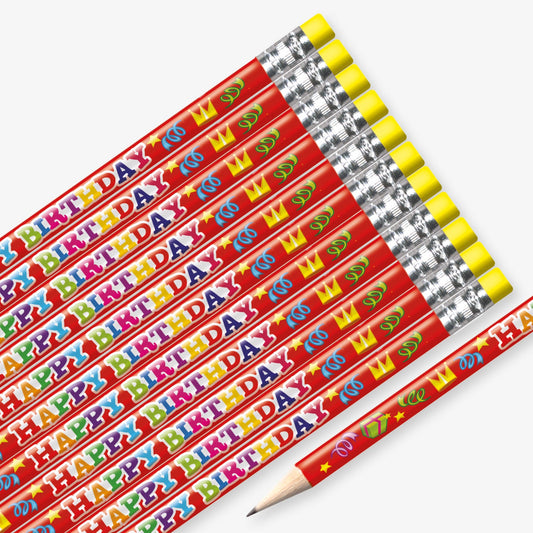Set of 12 pre-sharpened pencils with erasers, each featuring a colourful red barrel with streamers and gold crowns and the phrase 'Happy Birthday' printed along the side in multi-coloured text.
