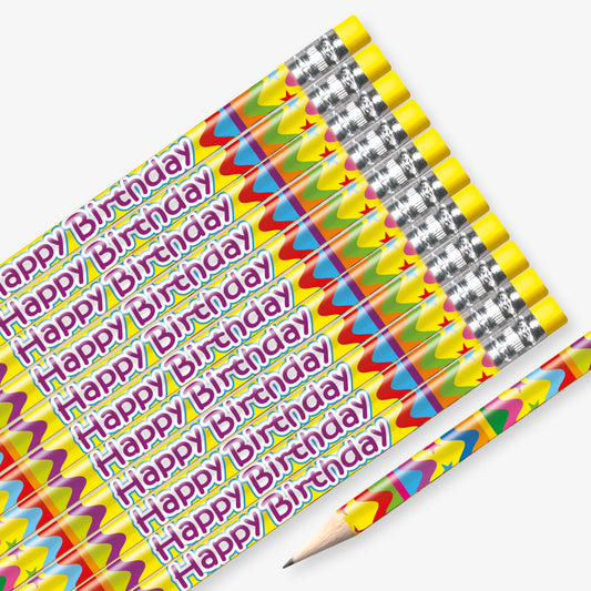 Set of 12 pre-sharpened pencils with erasers, each featuring a colourful barrel with and the phrase 'Happy Birthday' printed along the side in purple text.