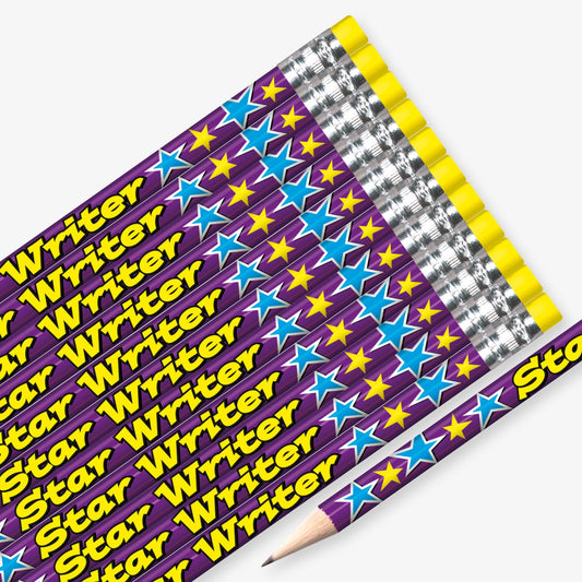 Set of 12 pre-sharpened pencils with erasers, each featuring a vibrant purple background with yellow and blue stars with the wording  'Star Writer' in yellow text.