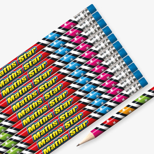 Set of 12 pre-sharpened pencils with erasers, each featuring a multicoloured spiral background with white stars and a central red section containing the wording  'Maths Star' in yellow text.
