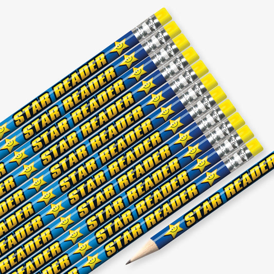 Set of 12 pre-sharpened pencils with erasers, each featuring a vibrant blue background with yellow stars with the wording  'STAR READER' in yellow text.