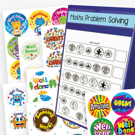 A4 plue plastic a-frame worksheet holder with a selection of scented stickers including designs of doughnuts, monsters and robots.