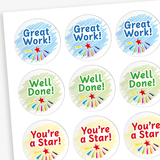 A sheet of 25mm circular stickers with berry scent.  Featuring pastel backgrounds with a start emitting different colours; each contains motivational phrases such as 'Well Done', Great Work' and 'You're a Star'