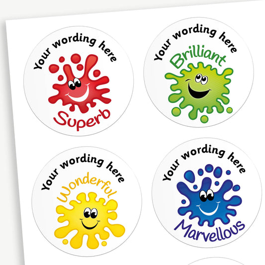 Sheet of 37mm circular personalised stickers with jellybean scent. The stickers feature colourful splats with a variety of positive messages such as 'Wonderful', 'Marvellous', 'Amazing' and 'Remarkable'. Text around the splat is customisable.