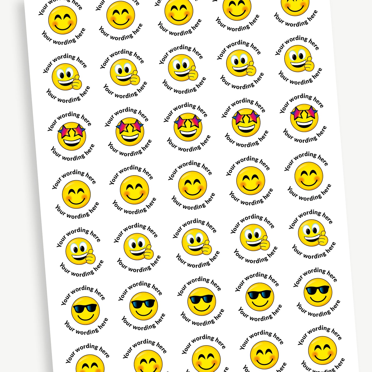 A sheet of 37mm round personalised stickers with bubblegum scent. The stickers display a yellow emoji face with different expressions, such as sunglasses, star eyes, thumbs up, and smiling. Text around the emoji is customisable.