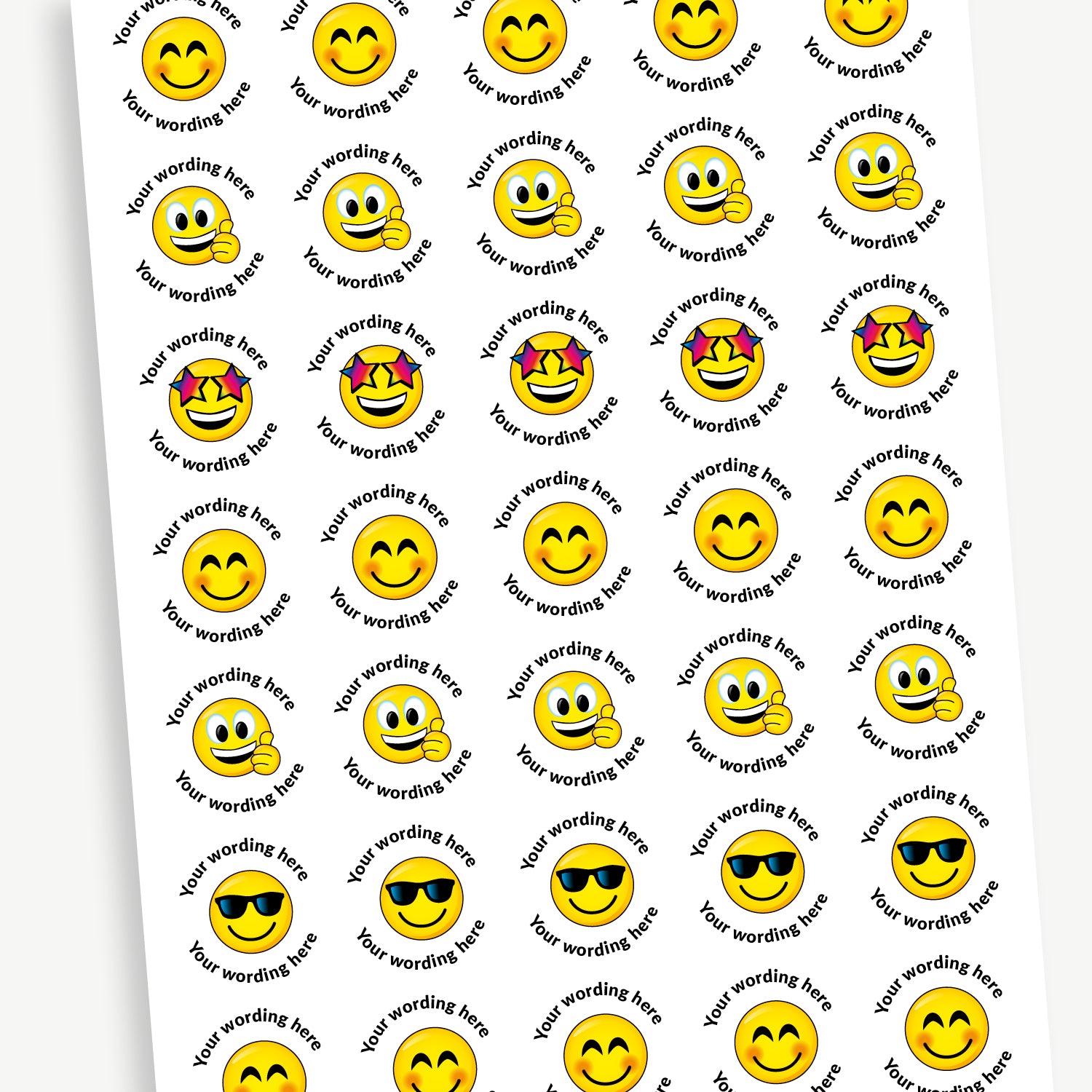 A sheet of 37mm round personalised stickers with bubblegum scent. The stickers display a yellow emoji face with different expressions, such as sunglasses, star eyes, thumbs up, and smiling. Text around the emoji is customisable.