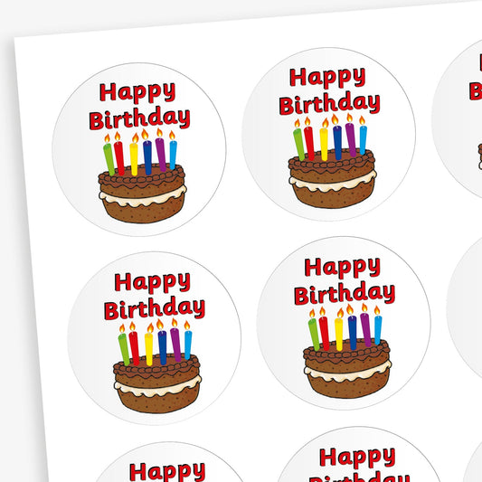 A sheet of 32mm circular stickers with chocolate scent.  Featuring a chocolate birthday cake with 6 multicoloured lit candles on it.  The top of the sticker says 'Happy Birthday' in red print.