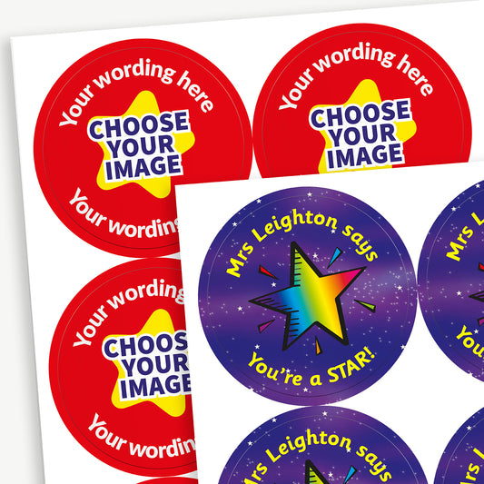A sheet of circular colourful stickers. The stickers include placeholder text reading 'Your wording here' at the top and bottom, and 'CHOOSE YOUR IMAGE', indicating customisable design options and colour choices. The alternative sticker in the image shows a customised sticker with a purple stary background, a multicoloured shining star centrally and the surrounding wording of 'Mrs Leighton says You're a STAR!