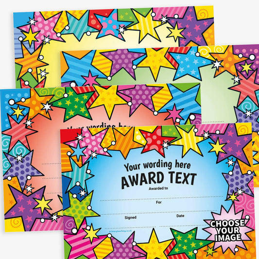 Set of colourful A5 award certificates with bold, star-themed borders in various colour schemes including blue, orange, and yellow. Each certificate features the placeholder text 'Your wording here' and 'Award Text', with dynamic star graphics in assorted sizes and patterns. Includes blank lines for 'Awarded to', 'For', 'Signed', and 'Date', along with a circular badge area marked 'Choose Your Image' for customisation.