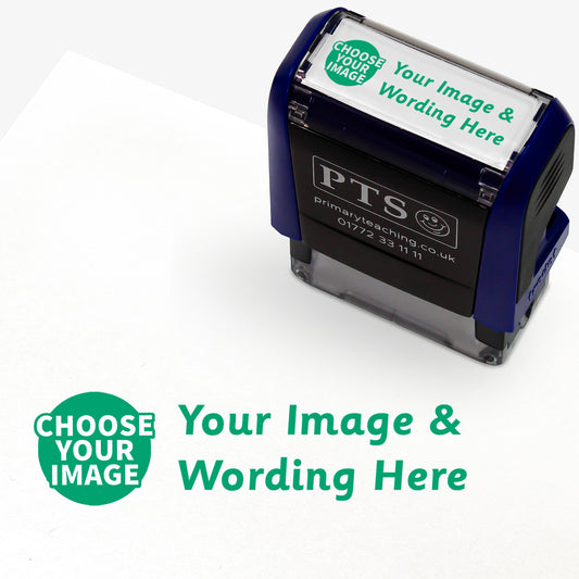 Customisable green self-inking 38mm x 14mm stamper with the placeholder text 'YOUR IMAGE & WORDING HERE' in bold green across two lines, to the left of this is 'CHOOSE YOUR IMAGE' indicating space for a personalised image and message.