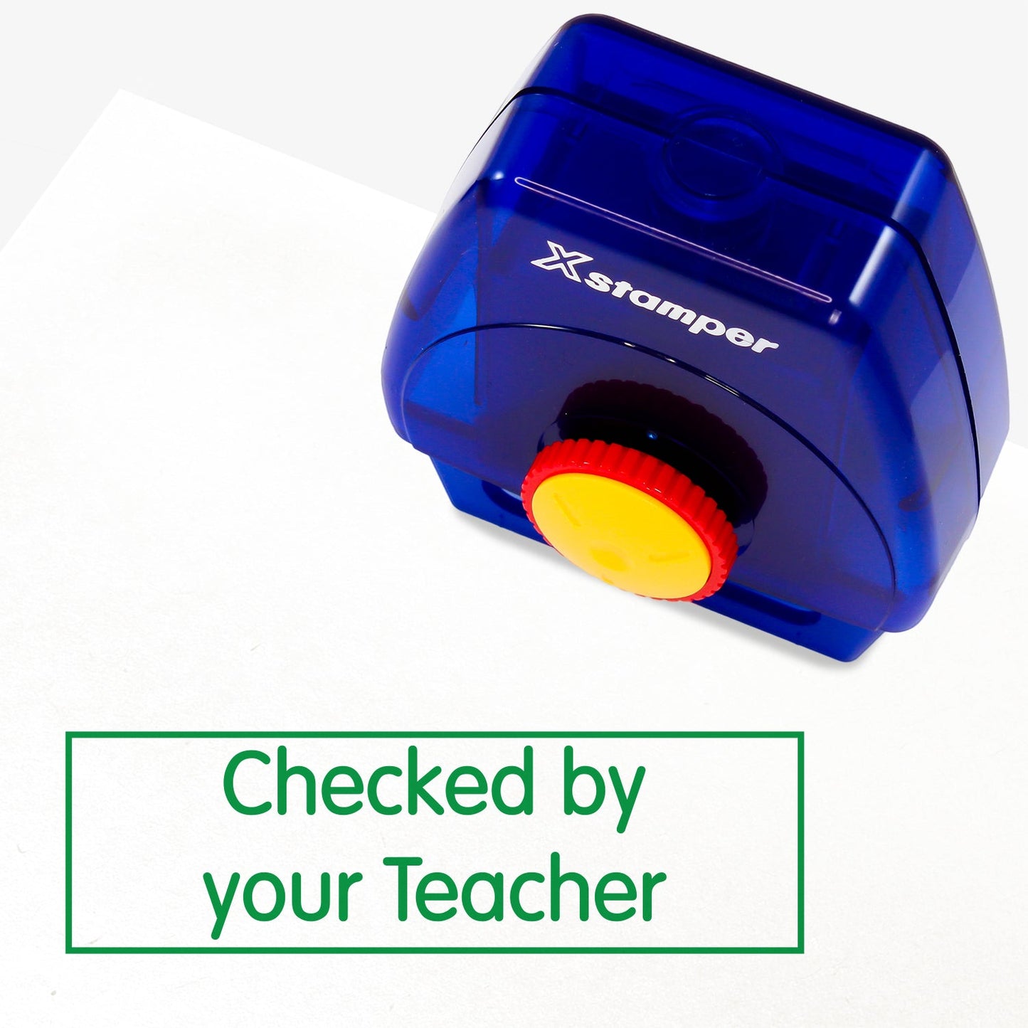 One Twist N Stamp brick in green ink with text box containing that phrase 'Checked by your Teacher'