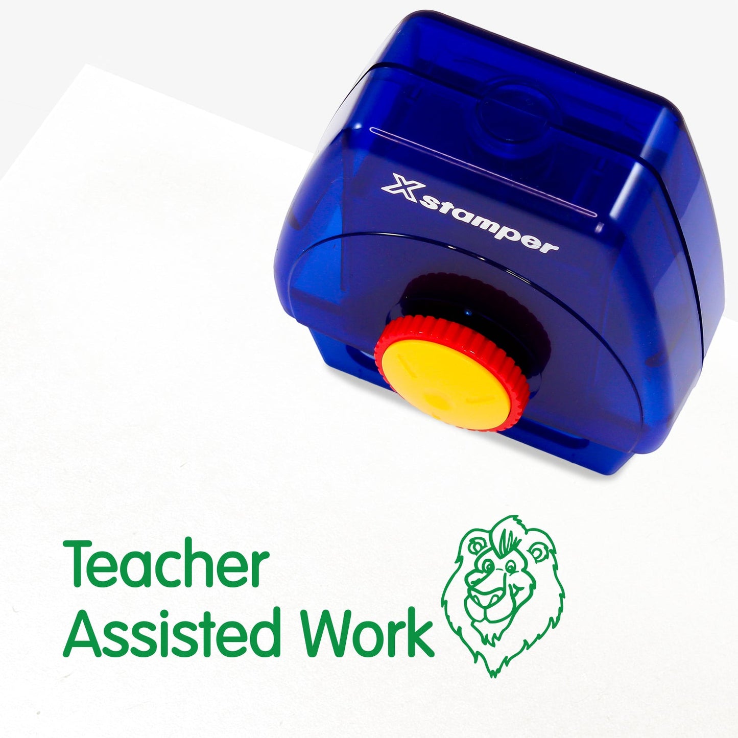 One Twist N Stamp brick in green ink with a cartoon lion face and phrase saying 'Teacher Assisted Work'.
