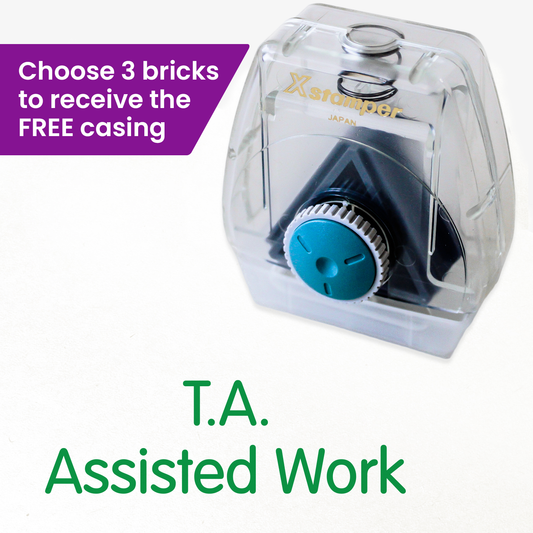 One Twist N Stamp brick in green ink saying 'T. A. Assisted Work'.
