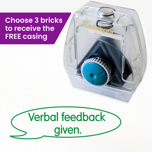 One Twist N Stamp brick in green ink.  A speech bubble contains the words 'Verbal feedback given'