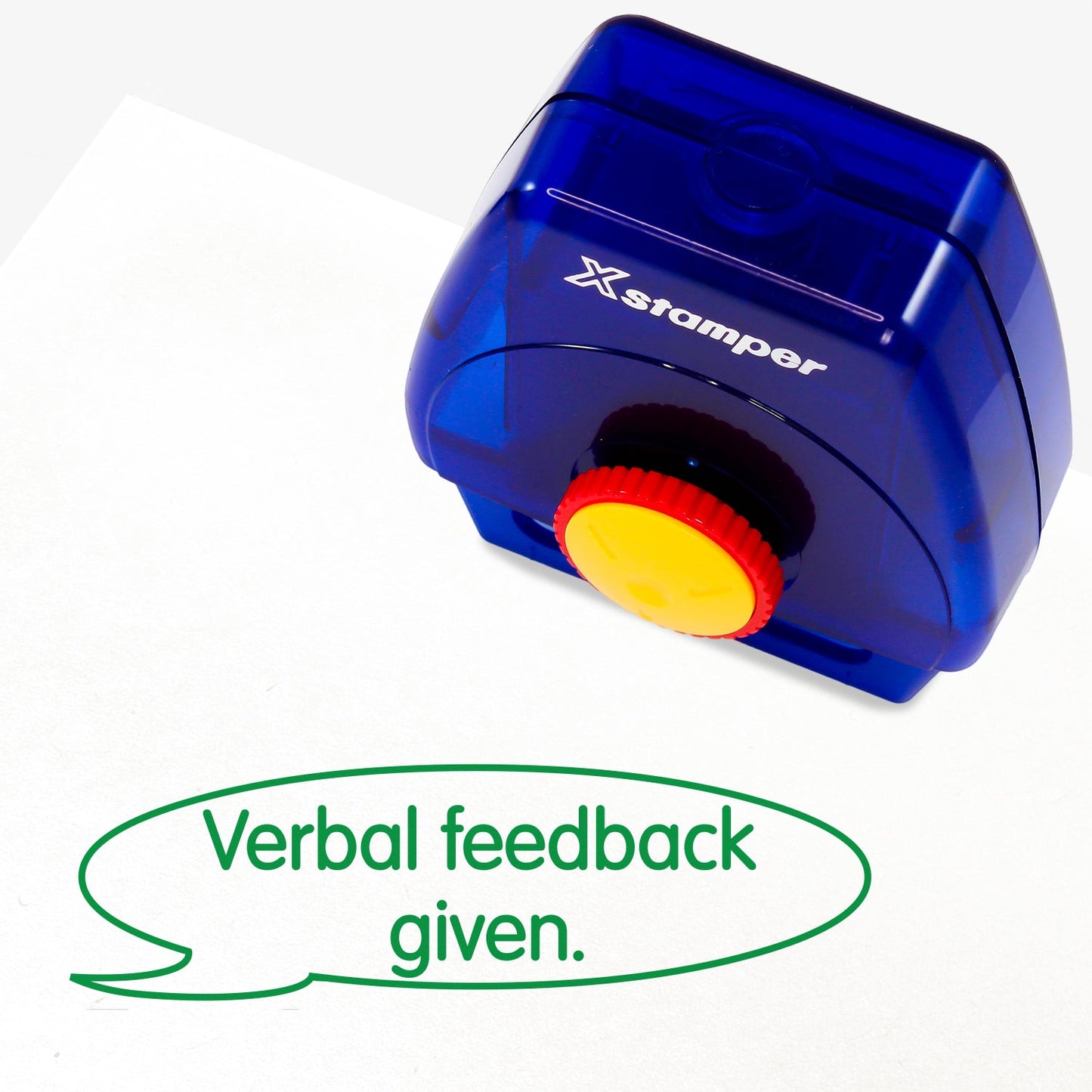 One Twist N Stamp brick in green ink.  A speech bubble contains the words 'Verbal feedback given'
