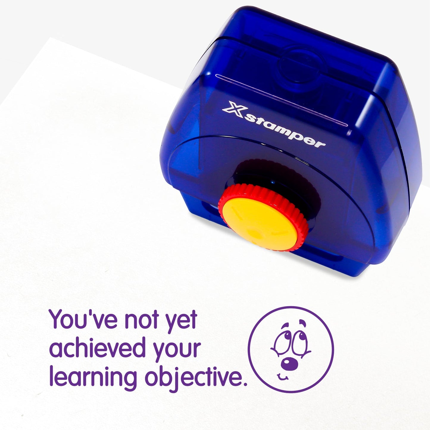 One Twist N Stamp brick in purple ink.  An unsure face alongside the phrase 'You've not yet achieved your learning objective'