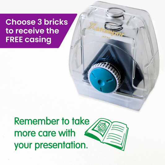 One Twist N Stamp brick in green ink.  Wording 'Remember to take more care with your presentation' with an open book showing a globe next to the phrase.