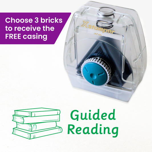 One Twist N Stamp brick in green ink with 4 book outlines stacked to the left and saying 'Guided Reading:'