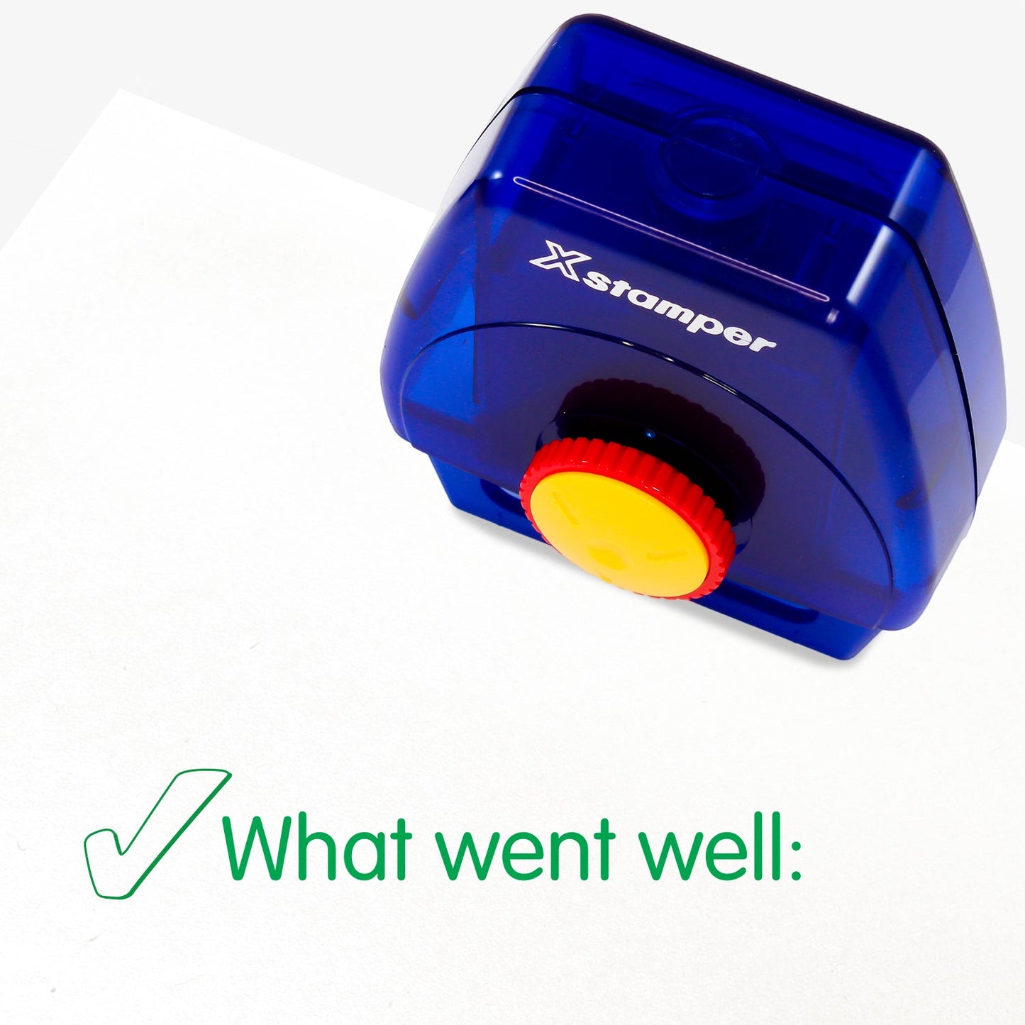 One Twist N Stamp brick in green ink with a tick icon to the left and saying 'What went well:'