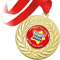 10 Design Your Own Medals - Gold - Red Ribbon