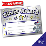 20 Holographic Silver Award Certificates - A5