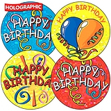 35 Holographic Happy Birthday Stickers - 37mm