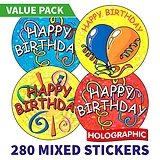 Holographic Happy Birthday Stickers (280 Stickers - 37mm)