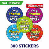 300 Holographic Phonics Super Star Stickers - 25mm